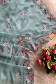 Sea Blue Embroidered Chinnon Georgette Saree 4894 01