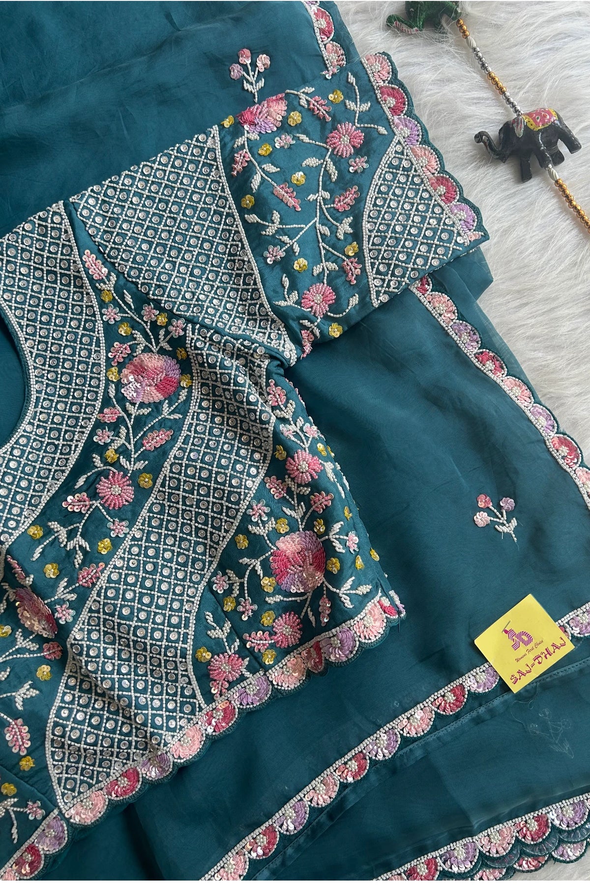 Teal blue Organza Sequins Saree 4843-05