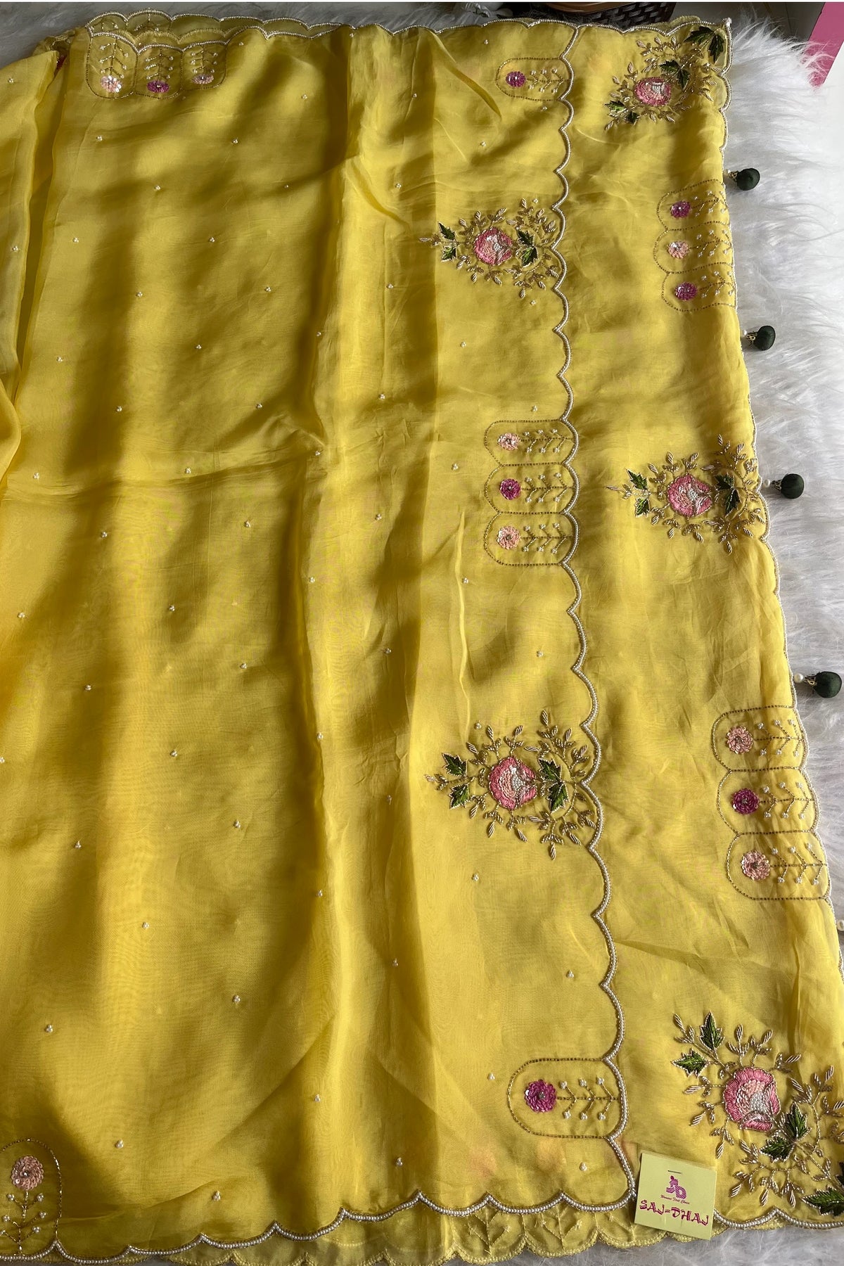 Lemon Organza Saree with Cutdana & Zardosi Work- Pre Stitched Designer Blouse 5359 15