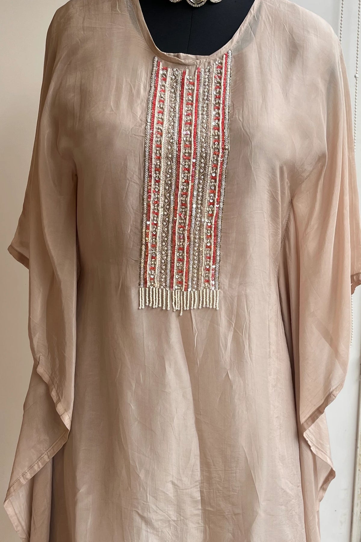Light Brown Habutai Silk Kaftan Set with Zardosi & Pearl Detailing 5147 11