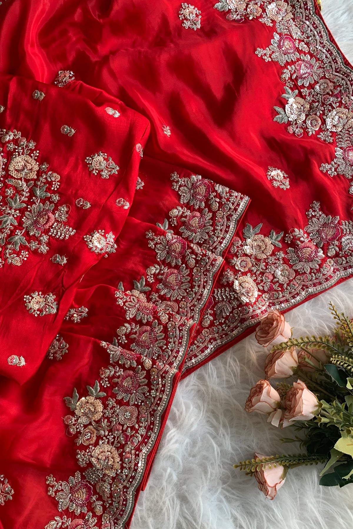 Red Floral Dori Habutai Silk Saree 5662 10