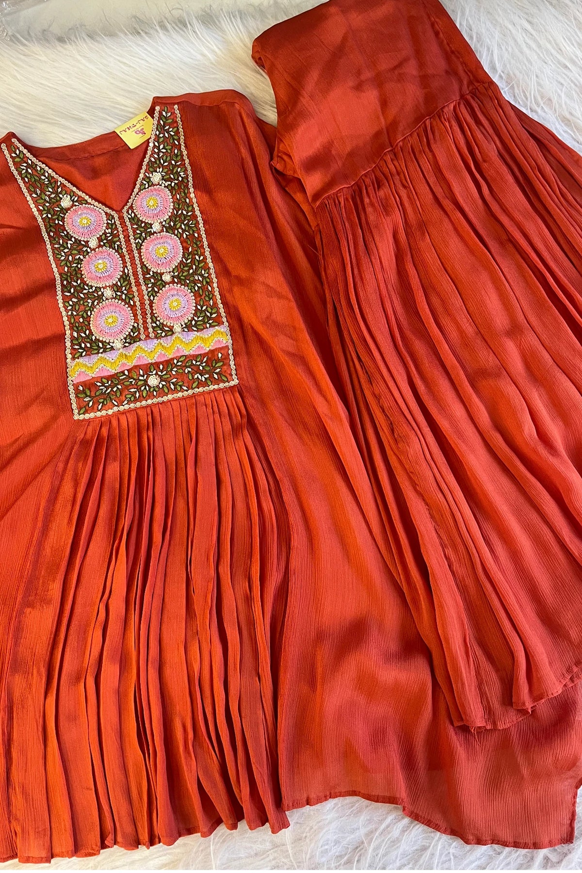 Rust Orange Kaftan with Thread & Zardosi Work – Sharara Set 5384 03