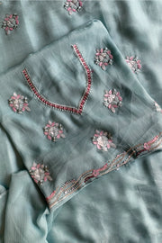 Sea Blue Embroidered Chinnon Georgette Saree 4894 01