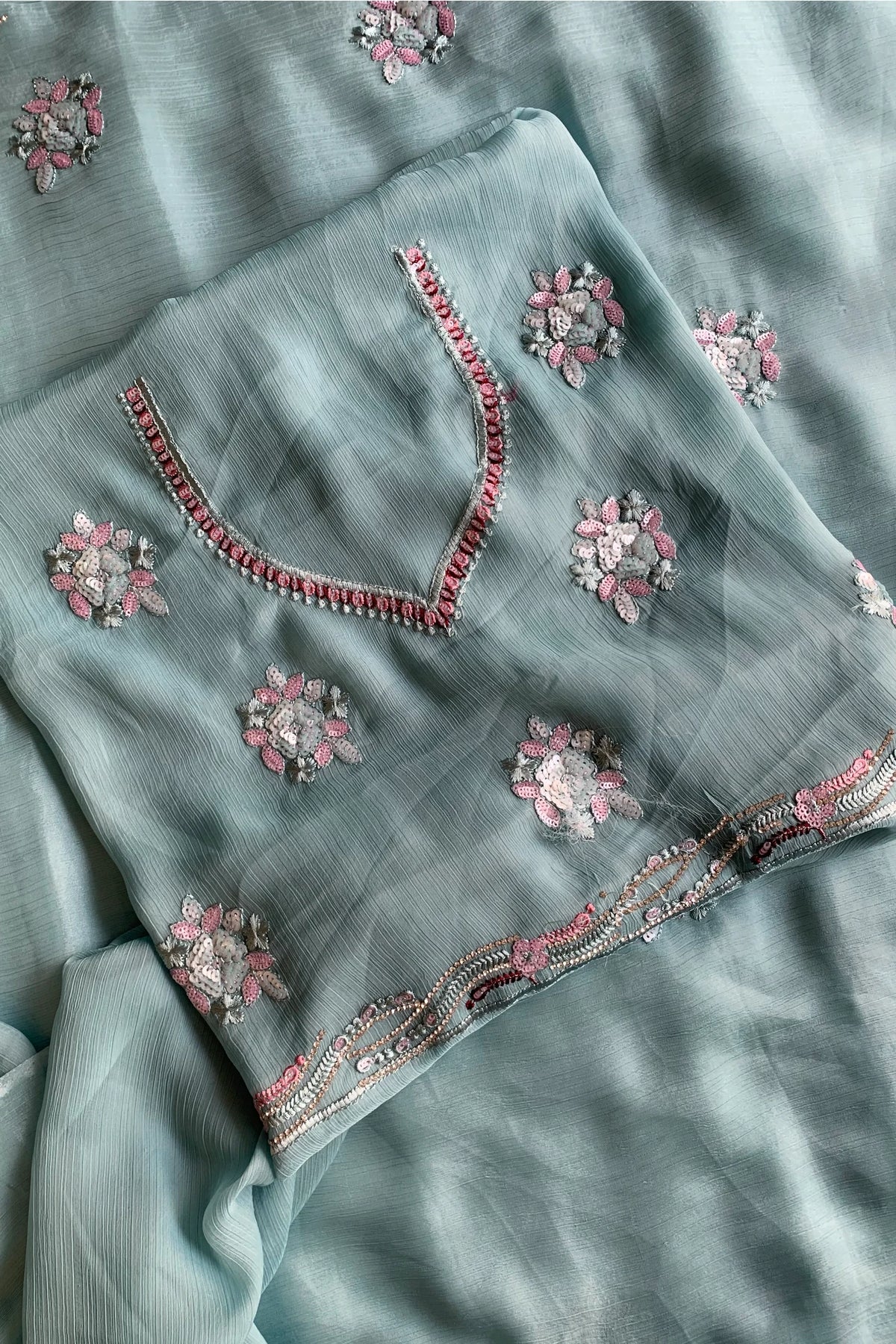 Sea Blue Embroidered Chinnon Georgette Saree 4894 01
