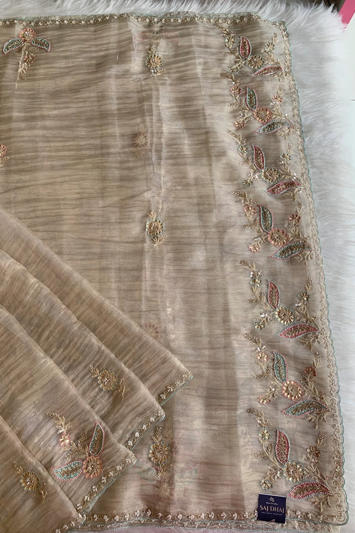 Beige Embellished Crush Organza Saree 5850 11