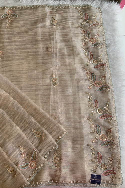 Beige Embellished Crush Organza Saree 5850 11