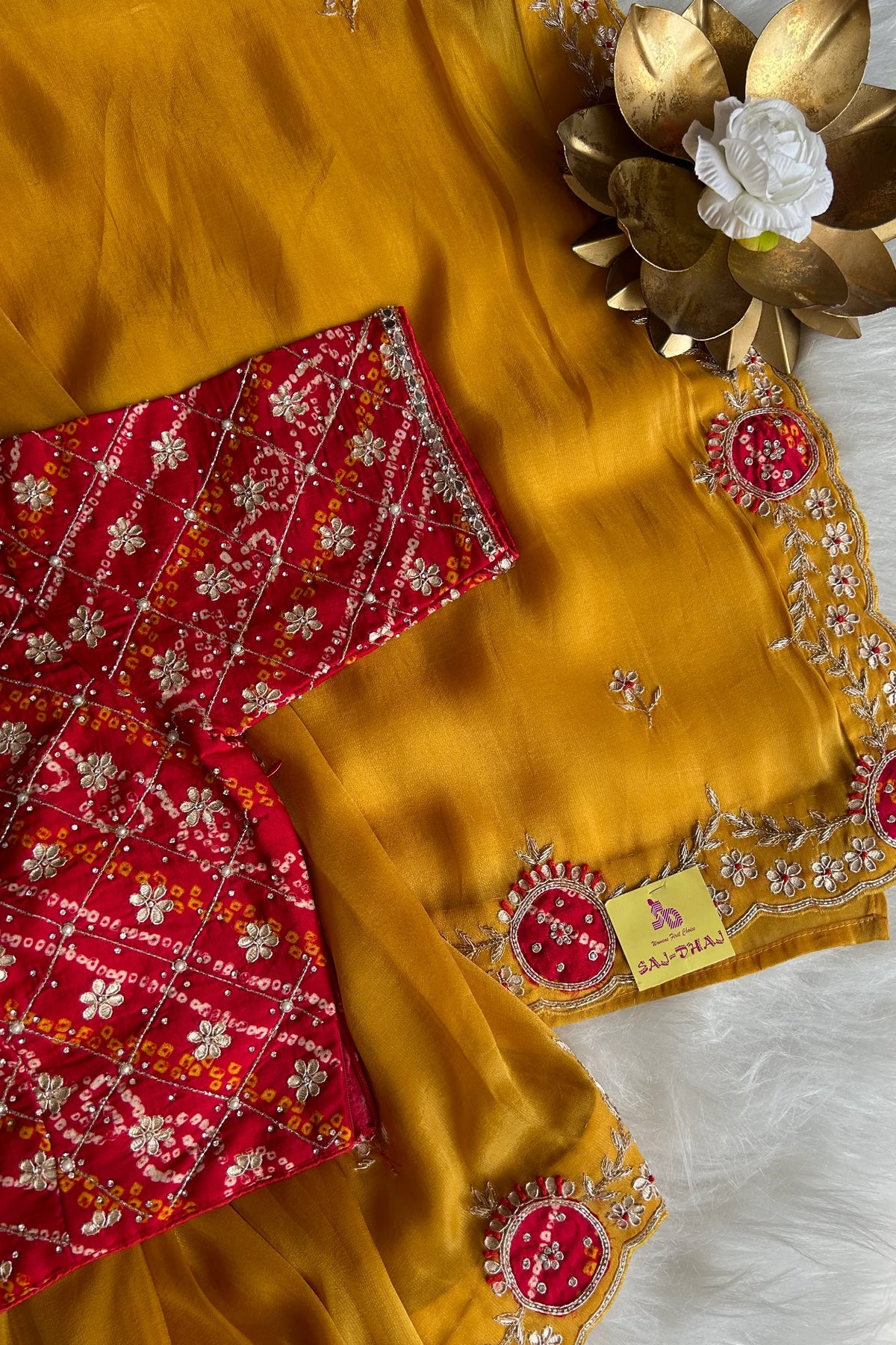 Mustard Tissue silk Saree With bandhej Blouse 5079 11