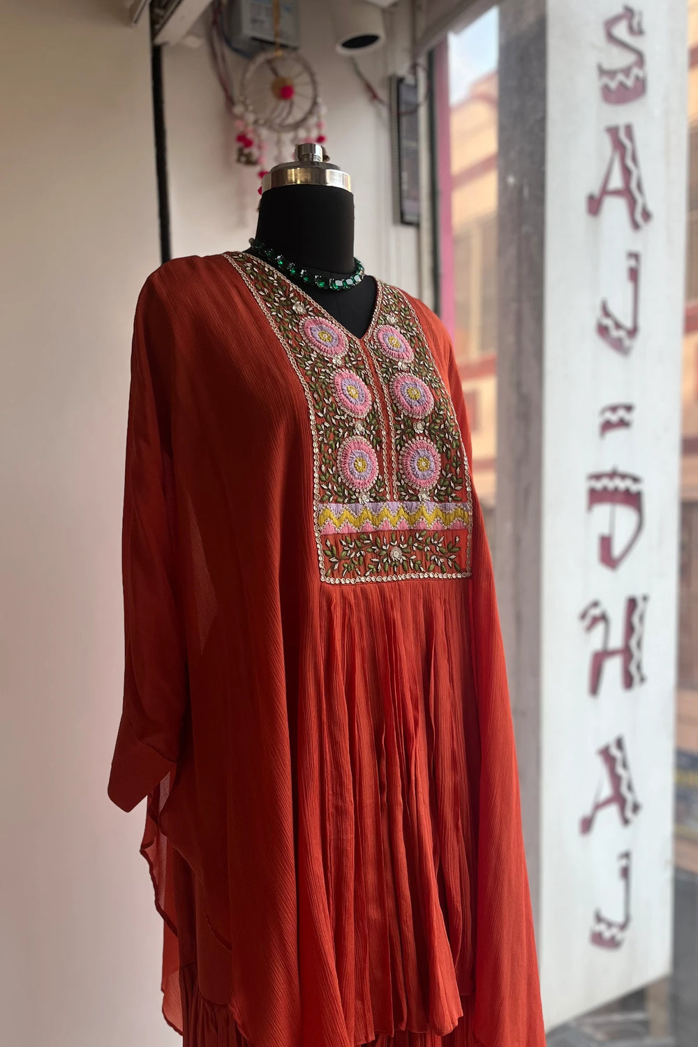Rust Orange Kaftan with Thread & Zardosi Work – Sharara Set 5384 03