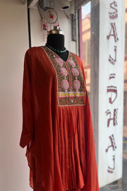 Rust Orange Kaftan with Thread & Zardosi Work – Sharara Set 5384 03