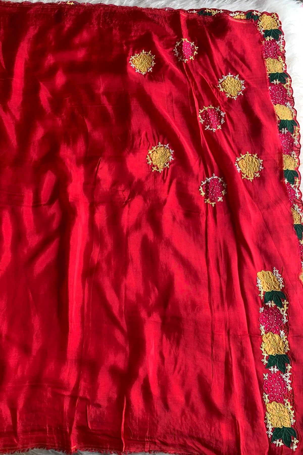 Shaded Red Applique Habutai Silk Saree 5650 13