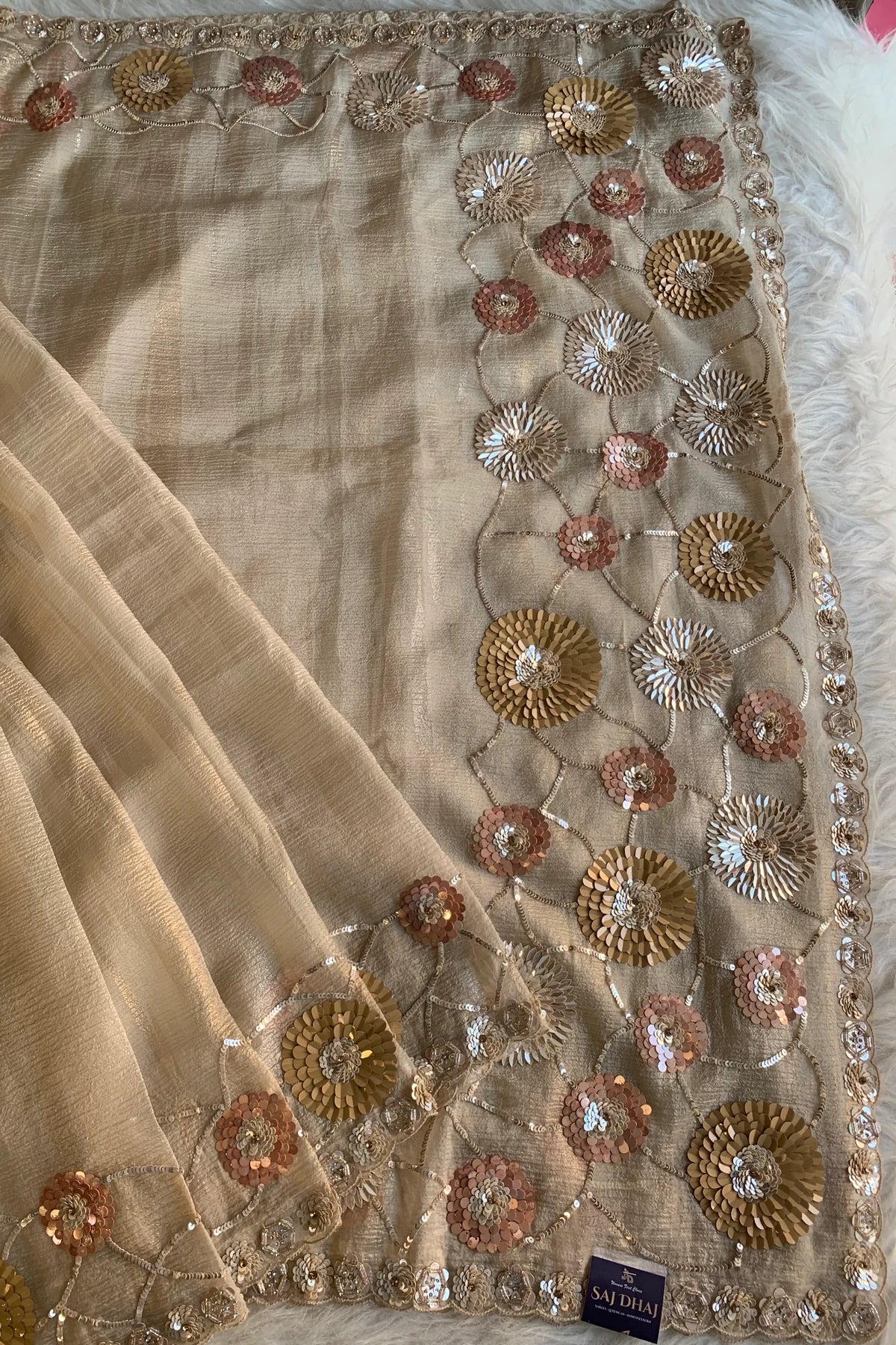 Beige Textured Organza Saree 5851 01