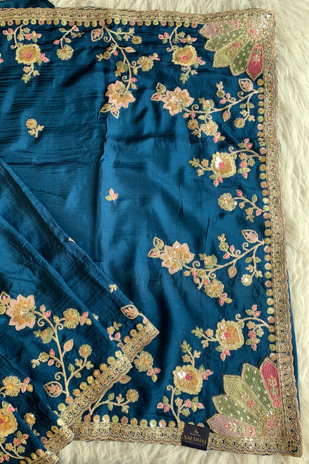 Peacock Blue Saree with Multicolour Embroidery 5786 01