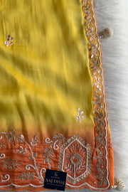 Yellow Habutai Silk Saree with Orange Border
