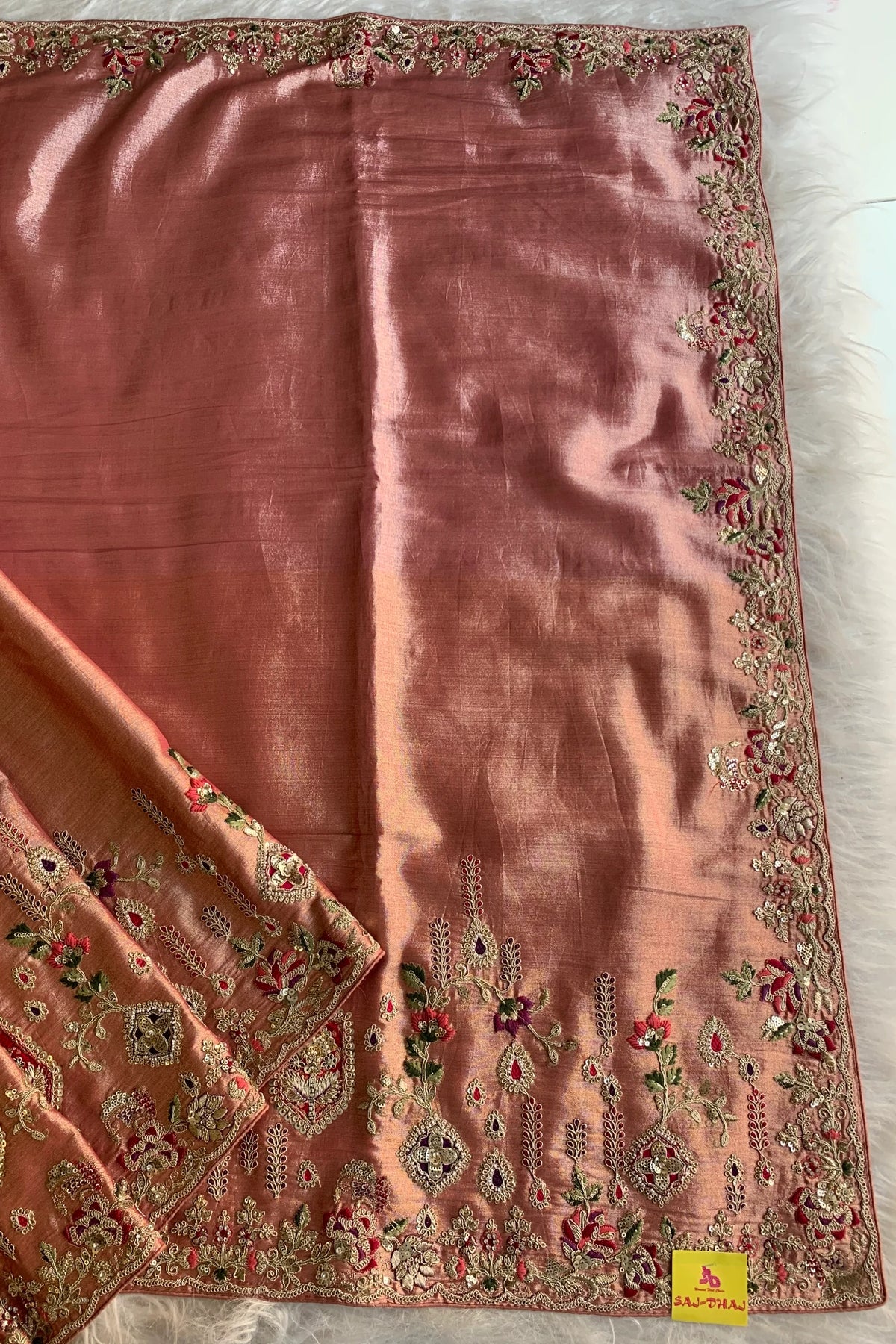 Peach Applique Embellished Tissue Saree 5729 01