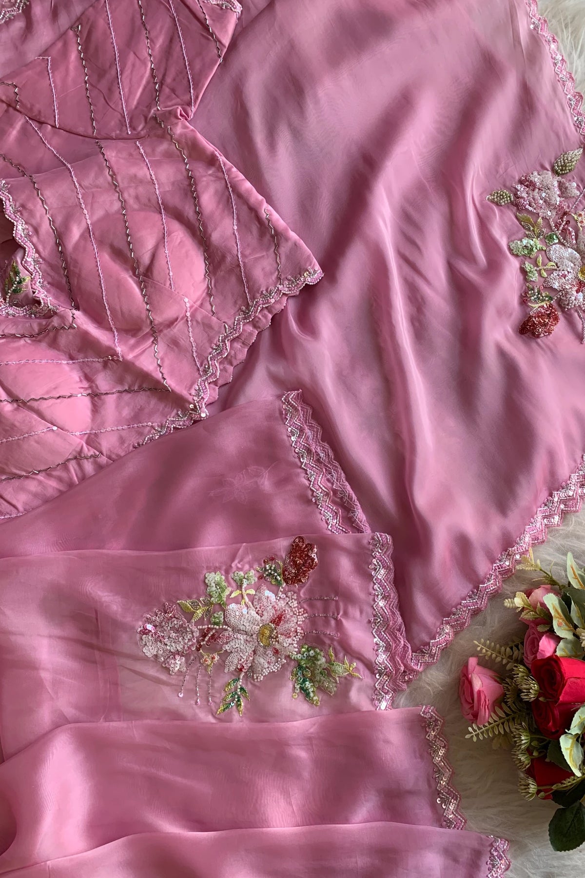 Baby Pink Floral Sequin Organza Saree 5651 24