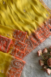 Yellow Habutai Silk Saree with Orange Border
