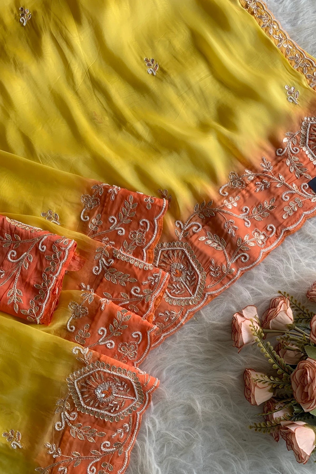 Yellow Habutai Silk Saree with Orange Border