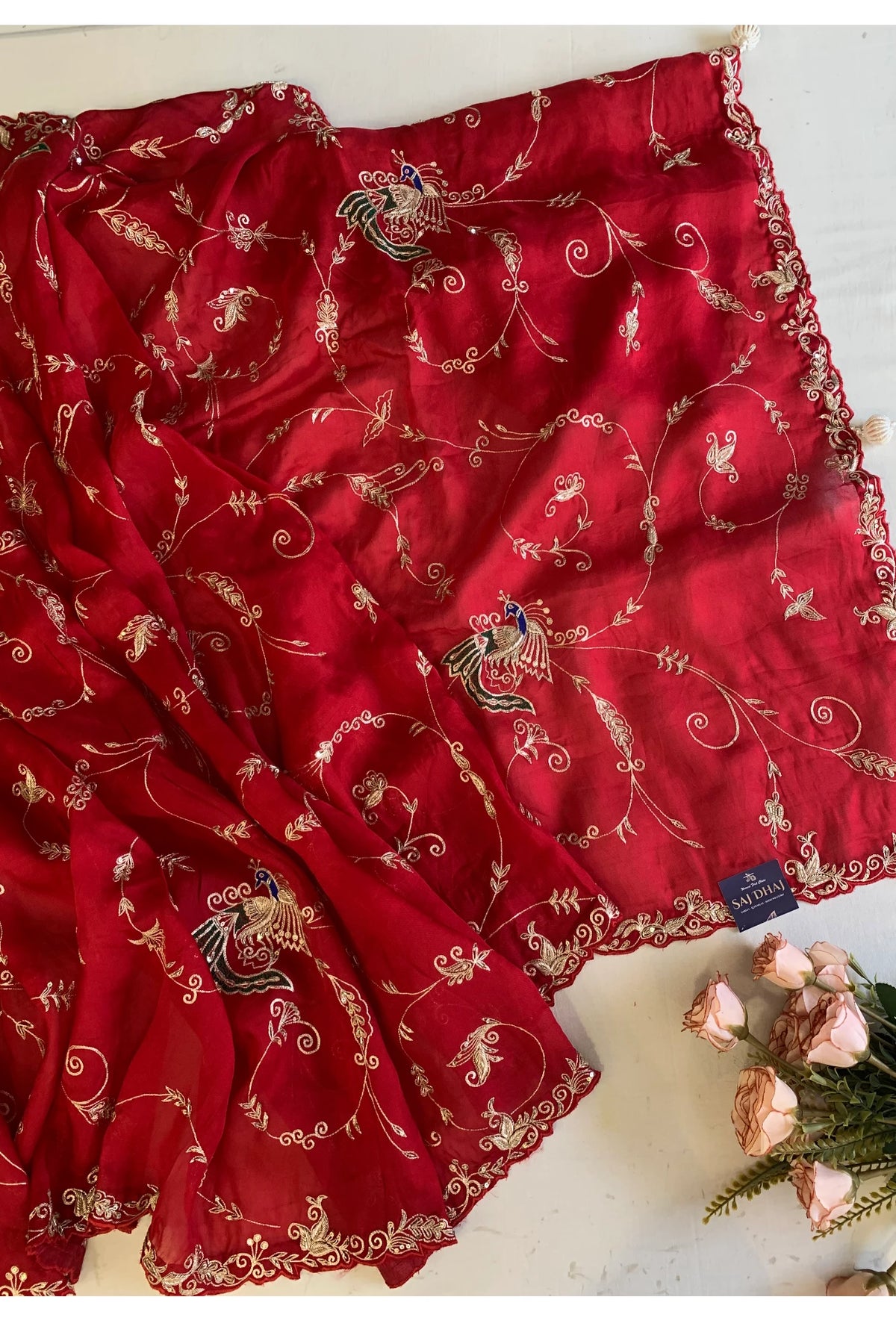 Red Kora Silk Jaal Saree 5831 01
