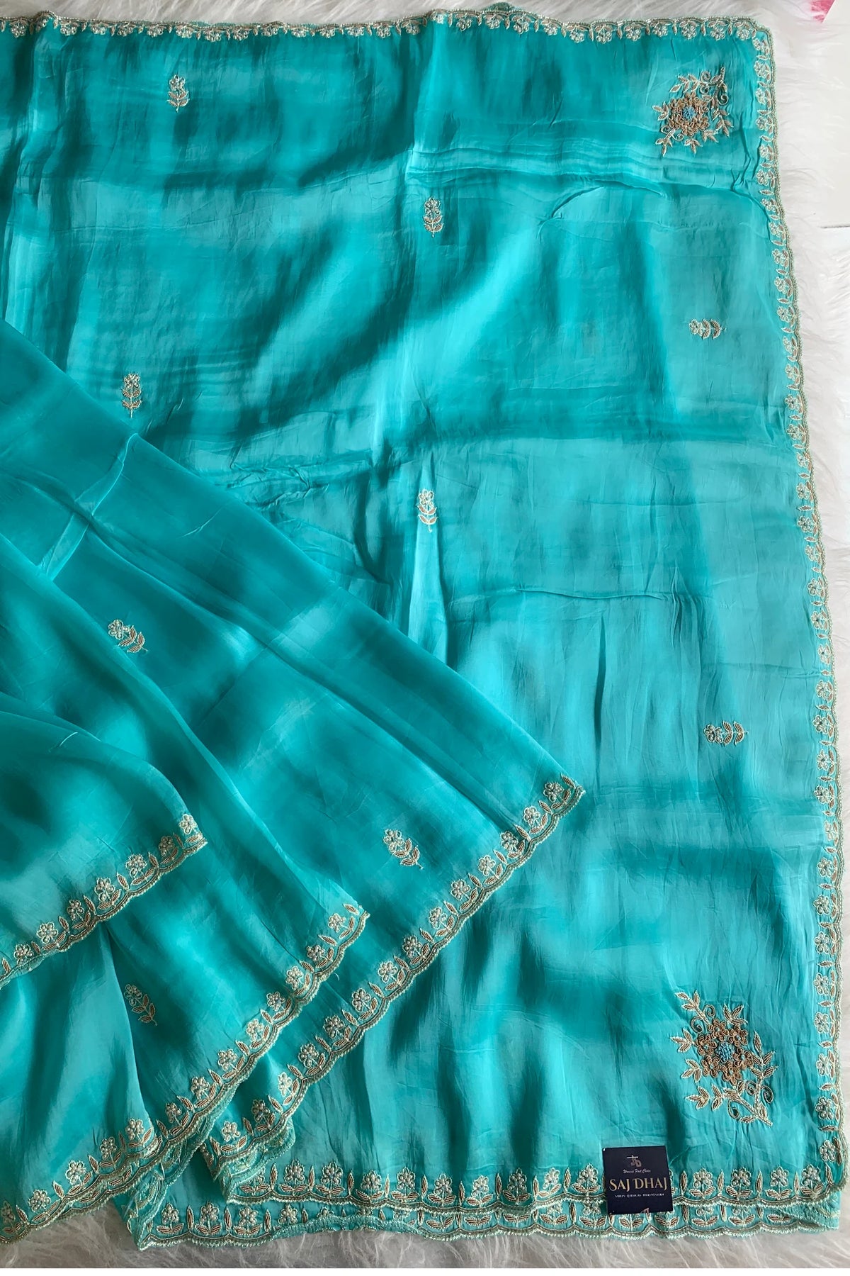 Ice Blue Habutai Silk Saree 5798 06