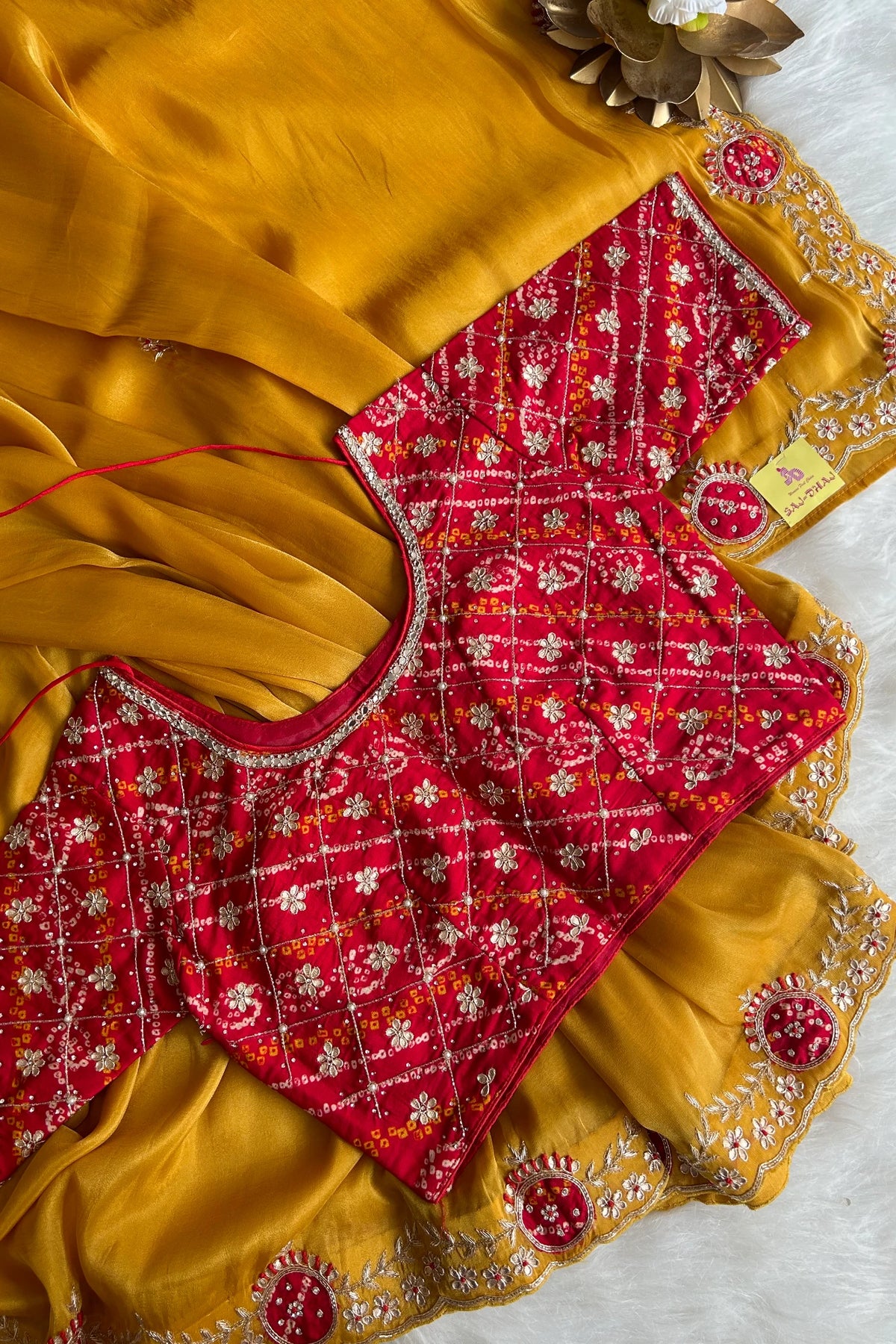 Mustard Tissue silk Saree With bandhej Blouse 5079 11