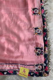 Baby Pink Floral Appliqué Habutai Silk Saree 5128 04
