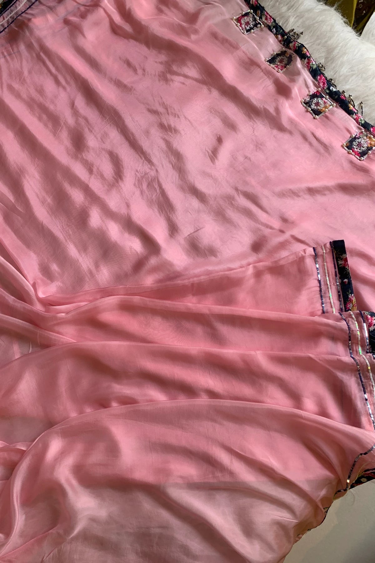 Baby Pink Floral Appliqué Habutai Silk Saree 5128 04