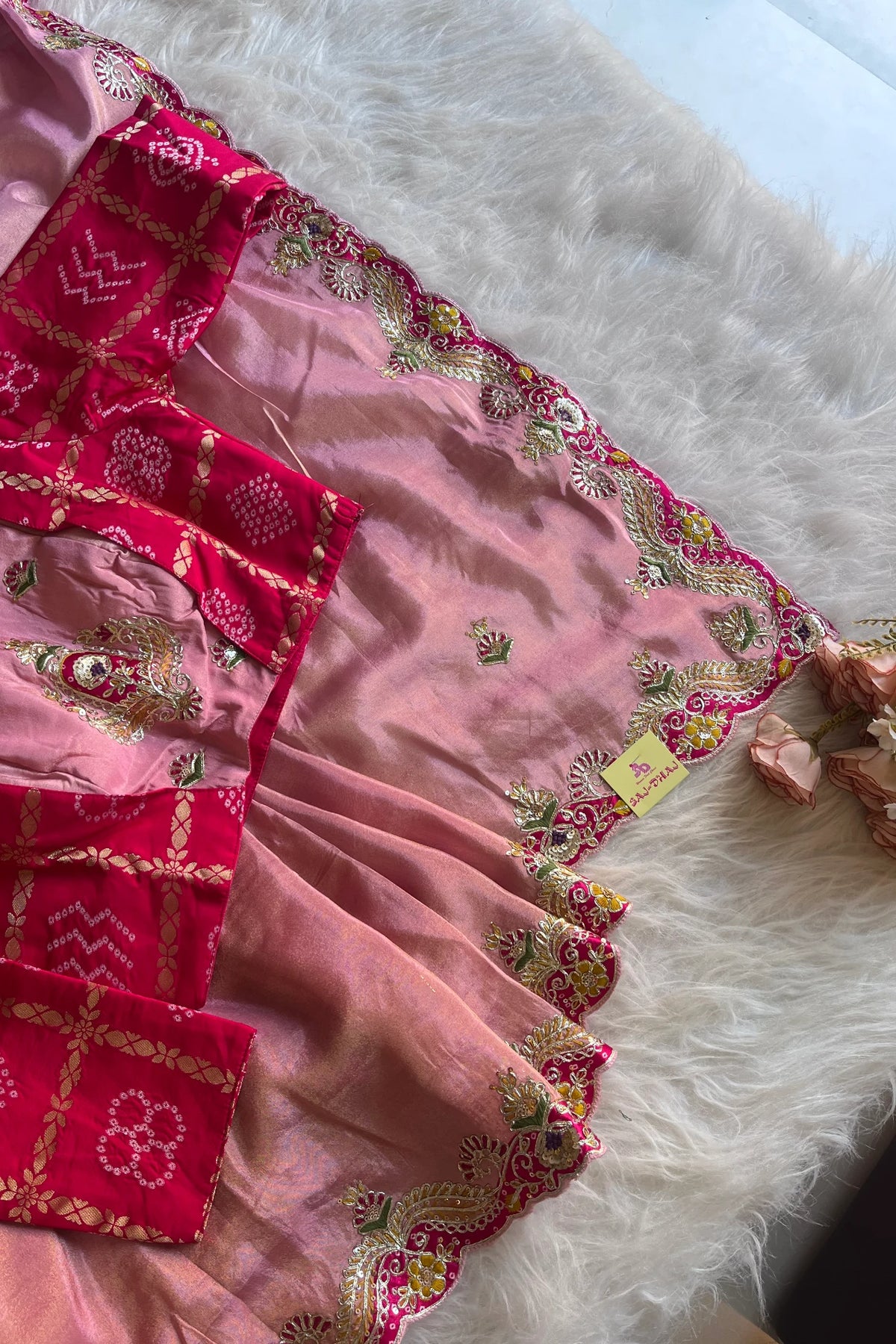 Blush Pink Tissue Saree with Bandhej Border Work 5772 12