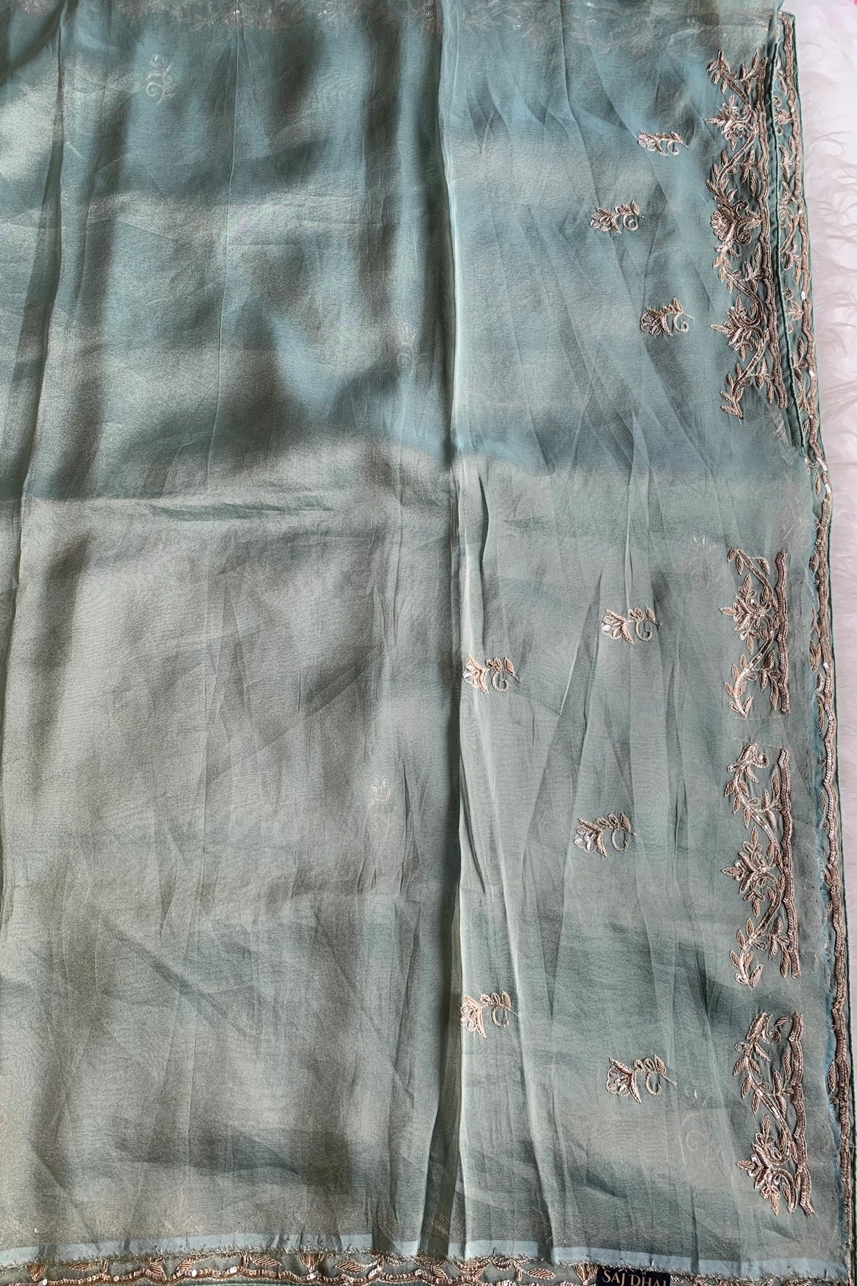 Sea Green Aari Embellished Tissue Saree 5792 02