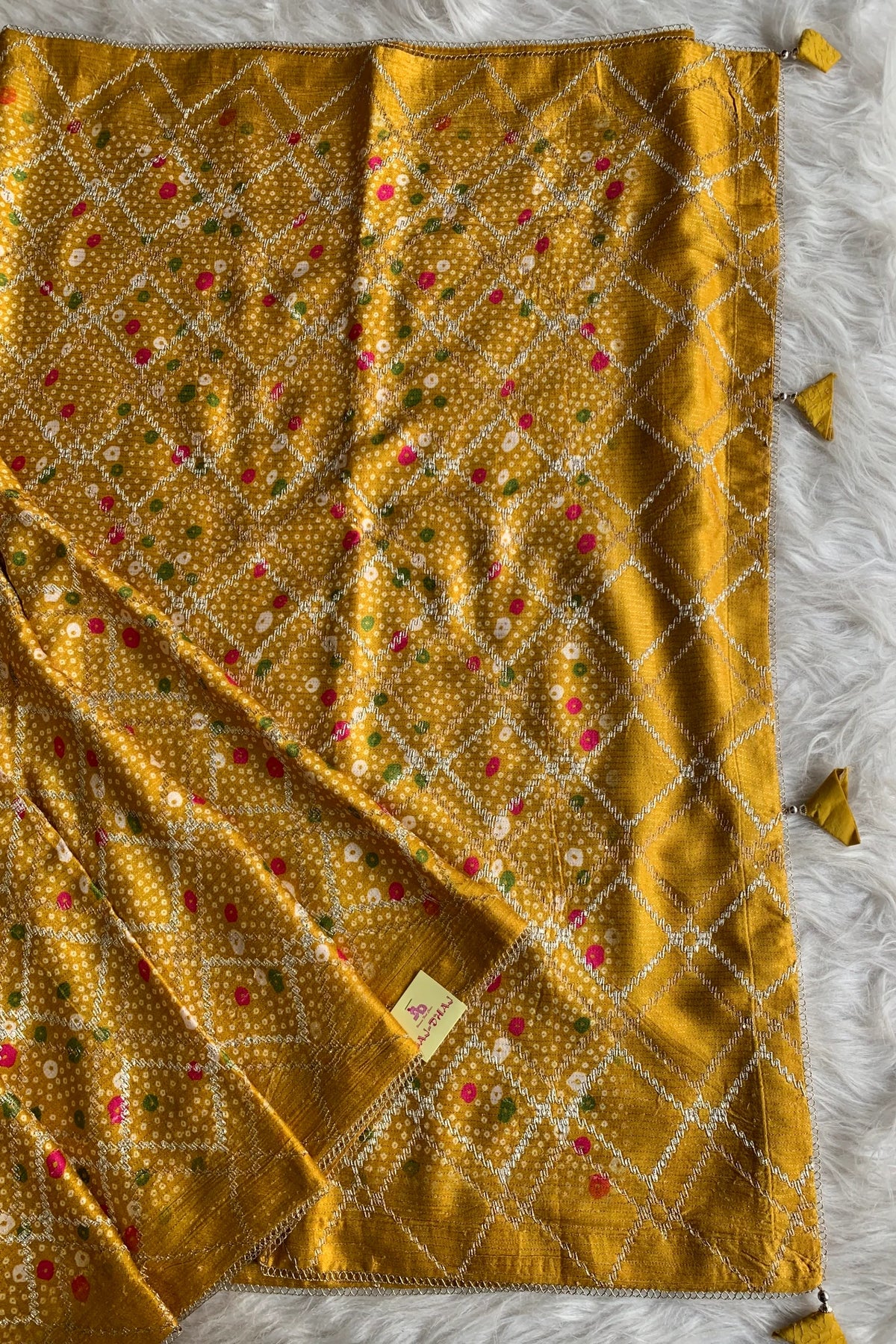 Yellow Printed Bandhej Modal Silk Saree with Lampi Gota 5274 03