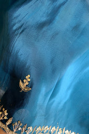 Peacock Blue Embroidered Habutai Silk Saree 5535 09