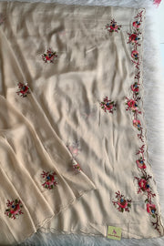Off White Floral Embellished Habutai Silk Saree 5142 12