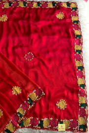 Shaded Red Applique Habutai Silk Saree 5650 13