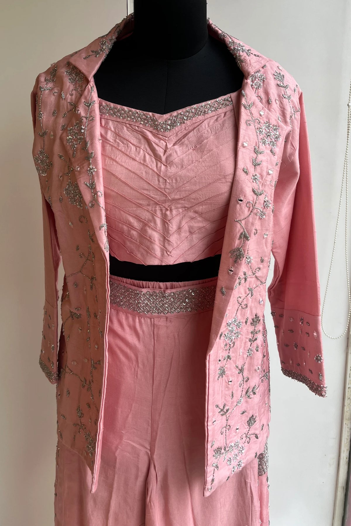 Baby Pink Russian Silk Blazer Set with Silver Stone & Cutdana Work 5147 09.