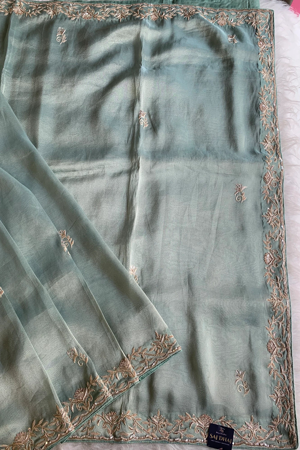 Sea Green Aari Embellished Tissue Saree 5792 02