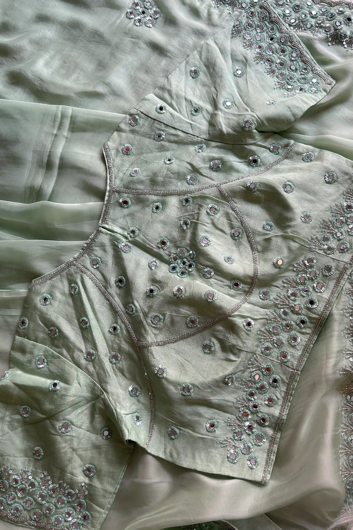 Sea Green mirror work Saree with stitched blouse 4496-06