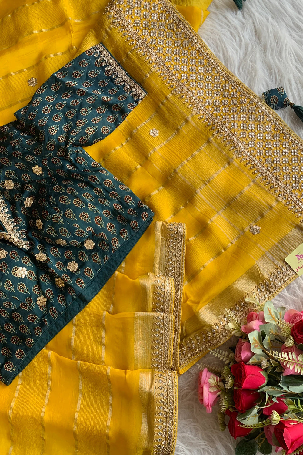 Yellow Banarasi Silk Saree with Green Ajrakh Blouse 5272 09