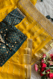 Yellow Banarasi Silk Saree with Green Ajrakh Blouse 5272 09