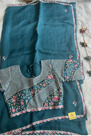 Teal blue Organza Sequins Saree 4843-05