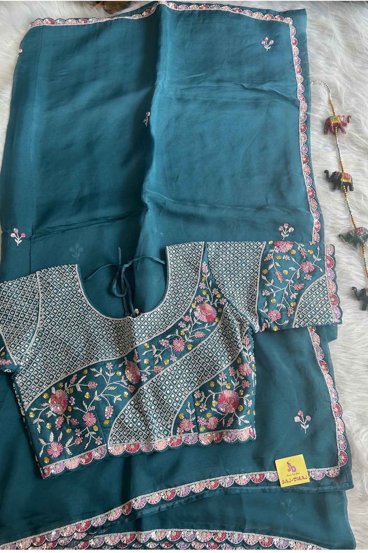 Teal blue Organza Sequins Saree 4843-05