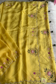 Lemon Organza Saree with Cutdana & Zardosi Work- Pre Stitched Designer Blouse 5359 15 (PRE ORDER)