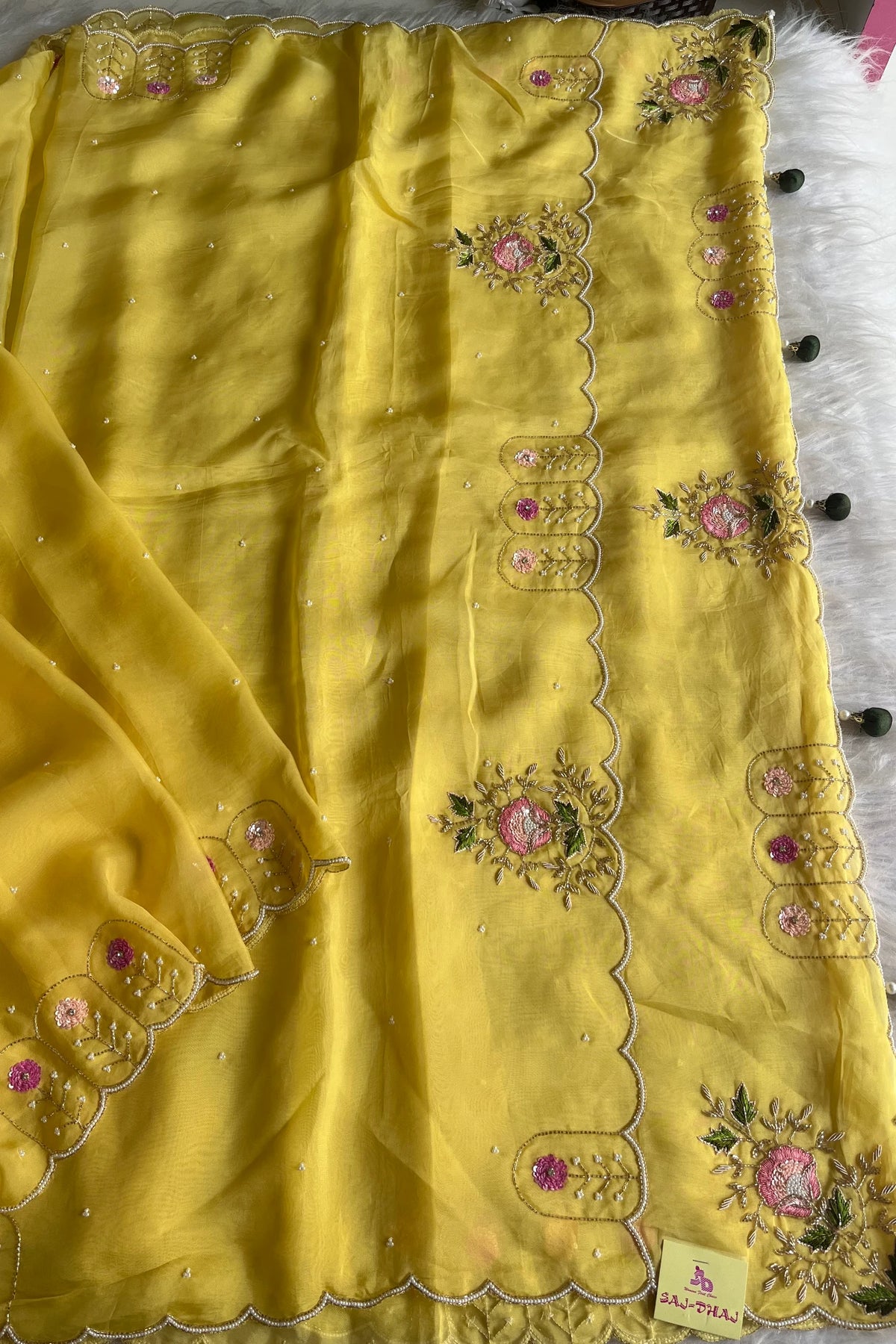 Lemon Organza Saree with Cutdana & Zardosi Work- Pre Stitched Designer Blouse 5359 15