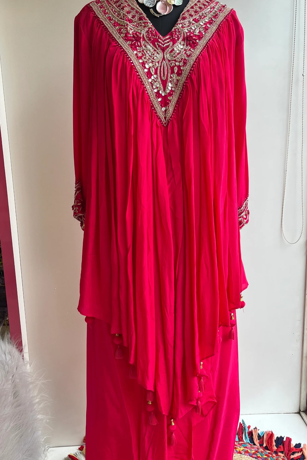 Hot Pink Designer Cowl Skirt Set with Zardosi & Thread Work 5336 01