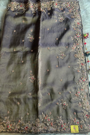 "Grey Zardosi Saree with Heavy Border & Intricate Embroidery"