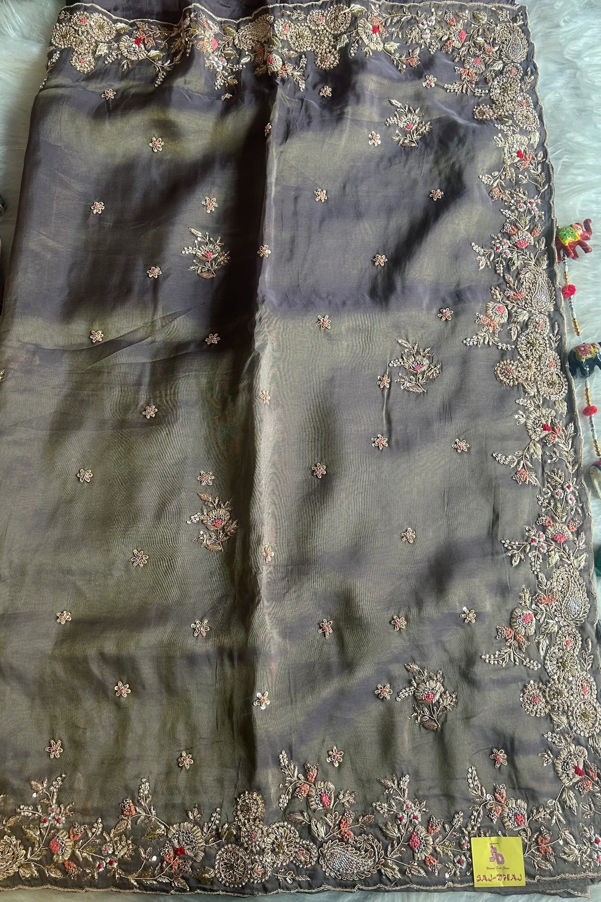 "Grey Zardosi Saree with Heavy Border & Intricate Embroidery"