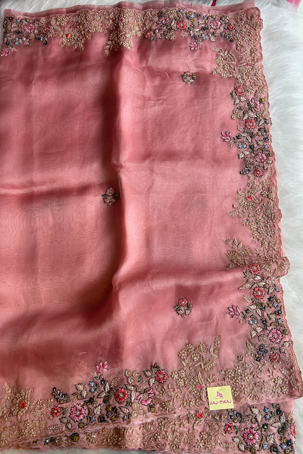 Pastel Pink Organza Saree With Zardosi and Resham 5201 02