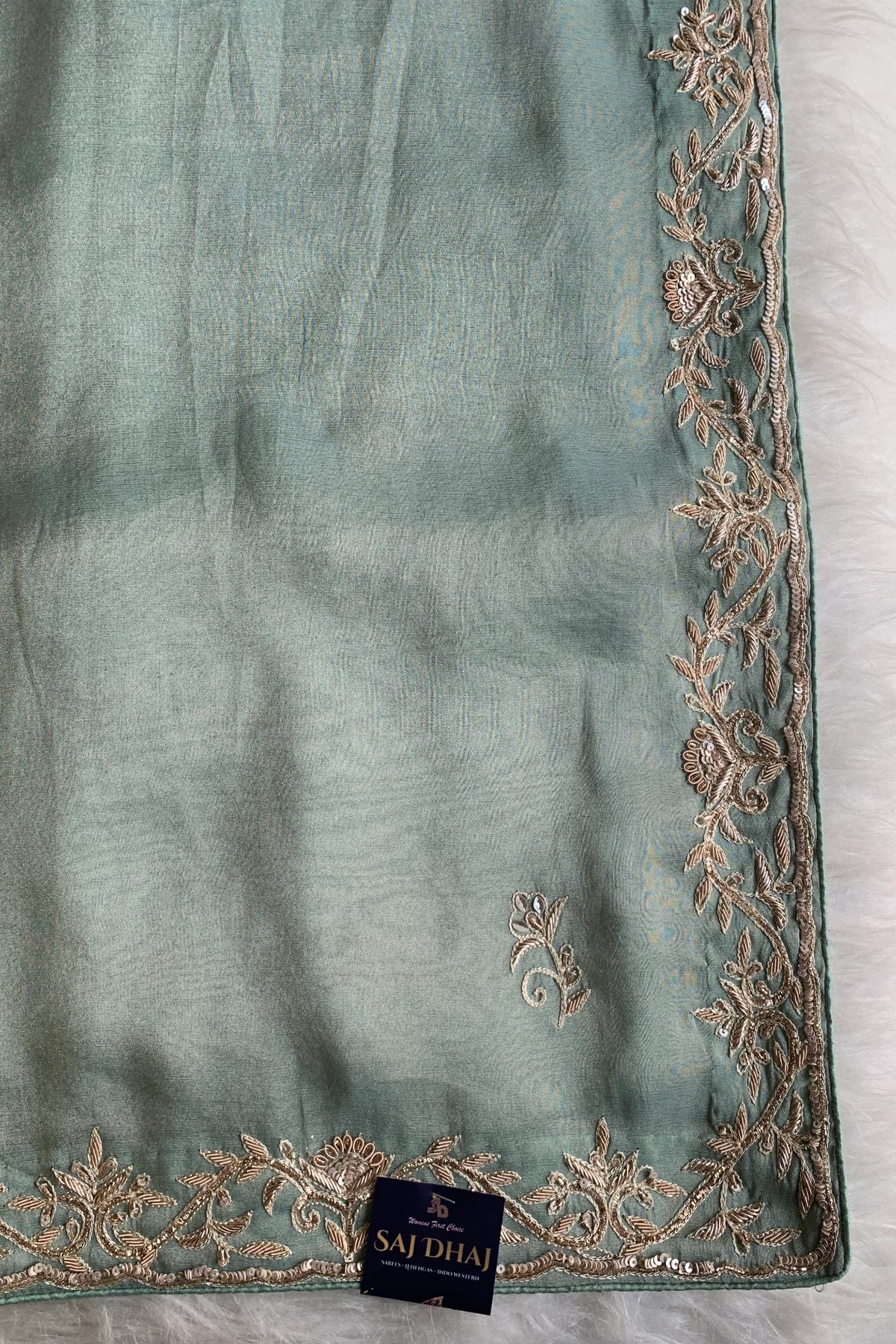 Sea Green Aari Embellished Tissue Saree 5792 02