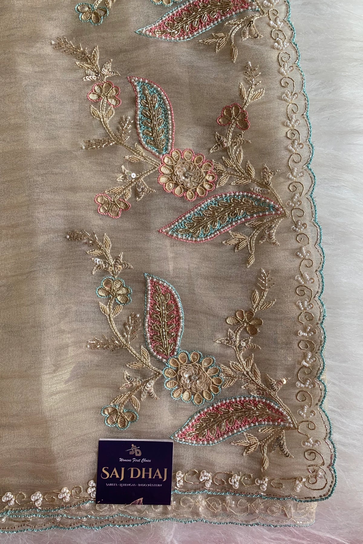 Beige Embellished Crush Organza Saree 5850 11