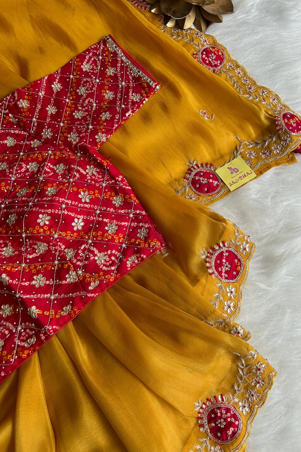 Mustard Tissue silk Saree With bandhej Blouse 5079 11