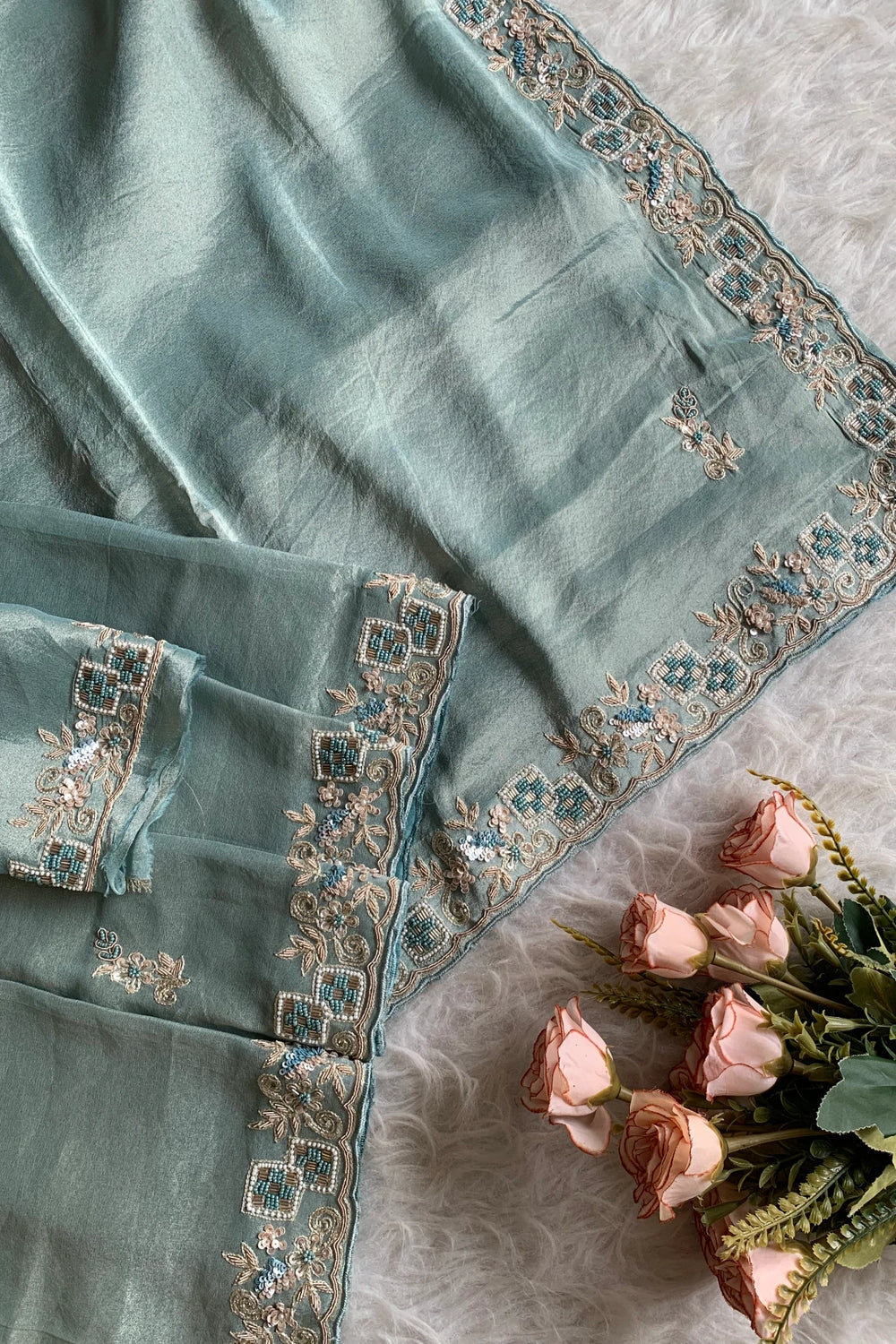 Sea Green Embellished Tissue Saree 5760 01