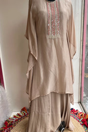 Light Brown Habutai Silk Kaftan Set with Zardosi & Pearl Detailing 5147 11